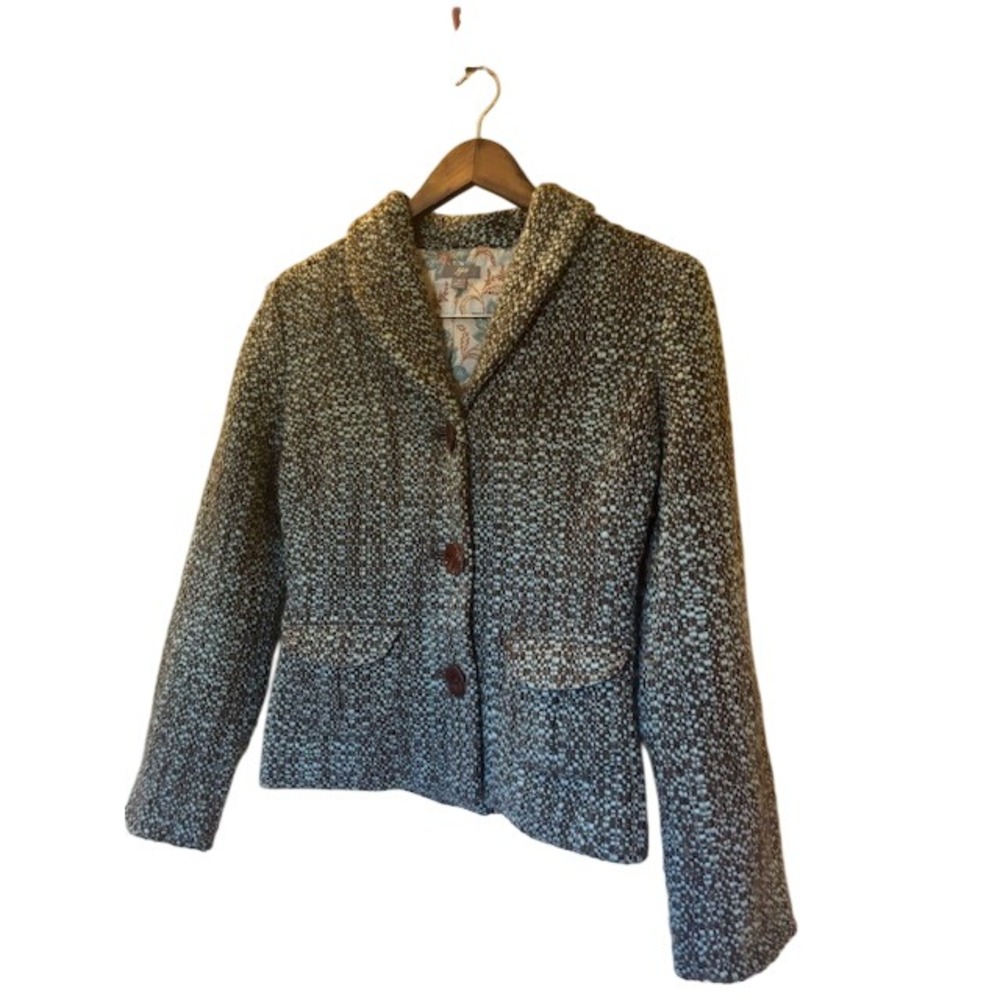 J. Jill Women's Brown Blue Wool Blend Tweed Blazer Jacket Shawl Collar Size 4